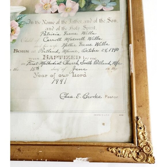 1941 Lithograph Certificate Baptism Framed Patricia Wills Portland Maine GstRm - Picture 5 of 8